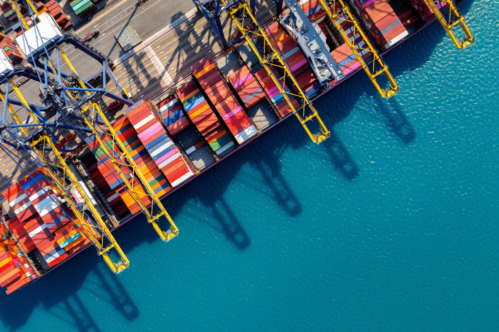 aerial view cargo ship cargo container harbor
